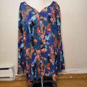 Soft Surroundings Women's Nova Teal Blue Floral Button Down Boho Tunic L EUC